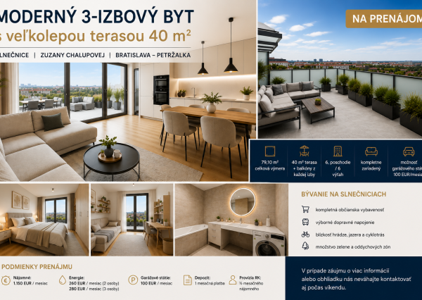PRENÁJOM  3-izbový byt s veľkolepou 40 m² terasou | Slnečnice, Zuzany Chalupovej, Bratislava – Petržalka