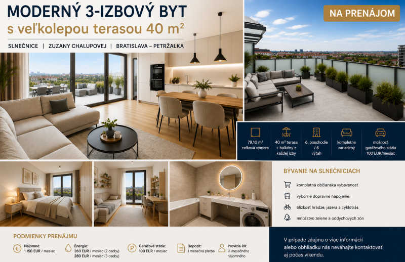 PRENÁJOM  3-izbový byt s veľkolepou 40 m² terasou | Slnečnice, Zuzany Chalupovej, Bratislava – Petržalka