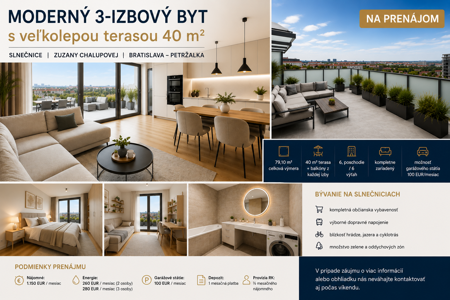 PRENÁJOM  3-izbový byt s veľkolepou 40 m² terasou | Slnečnice, Zuzany Chalupovej, Bratislava – Petržalka